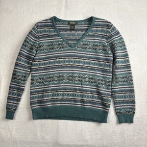 Eddie Bauer V-Neck Long Sleeve‎ Green Striped Knit Sweater Women's Large